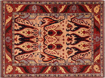 handmade Geometric Kargahi Tan Red Hand Knotted RECTANGLE 100% WOOL area rug 7x9